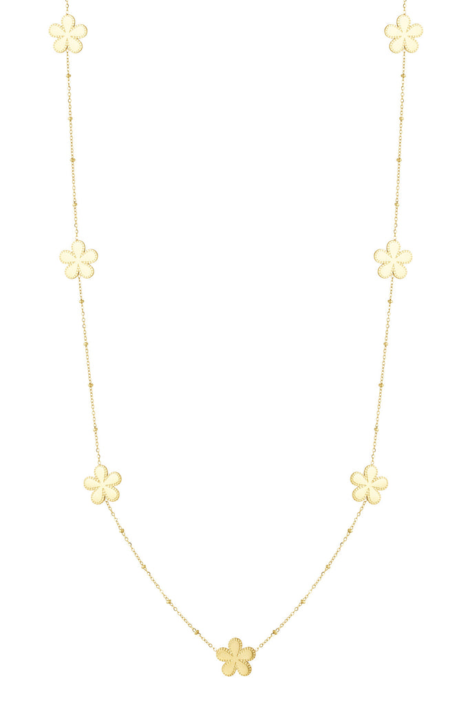 Lange Ketting met Bolletjes en Bloemen – Moderne Damesketting. Goudkleurige ketting dames. Verkrijgbaar bij Optiwatch.nl 