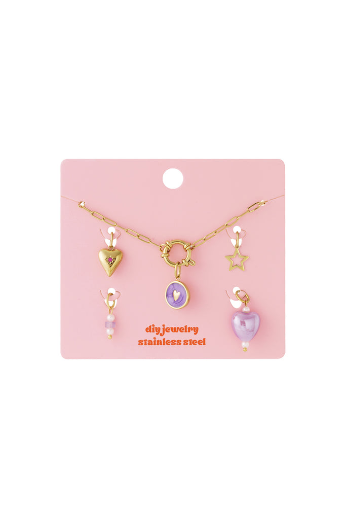 Paarse hart DIY ketting. Goudkleurige damesketting. Verkrijgbaar bij Opitwatch.nl