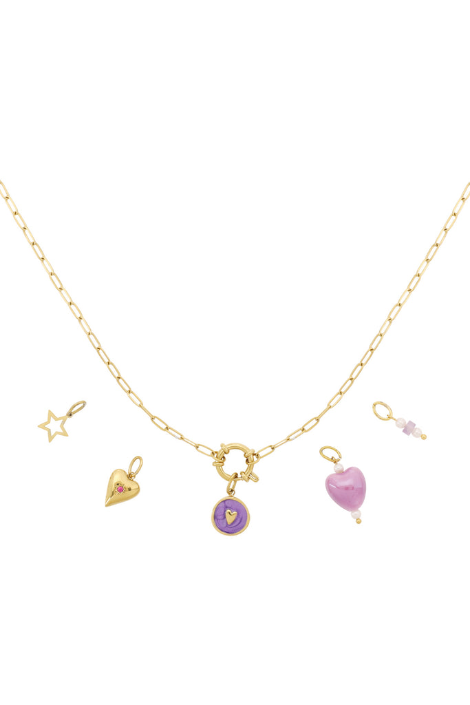 Paarse hart DIY ketting. Goudkleurige damesketting. Verkrijgbaar bij Opitwatch.nl